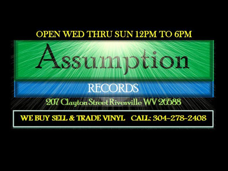 The Assumption Records shop mark: hours, the name Assumption on green and Records on blue, the Clayton Street address, and buy, sell, and trade vinyl with the shop phone number.